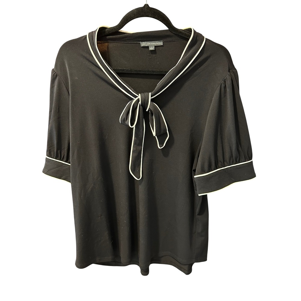Adrianna Papell Black Tie Neck Short Puff Sleeve Blouse Size L Contrast Trim